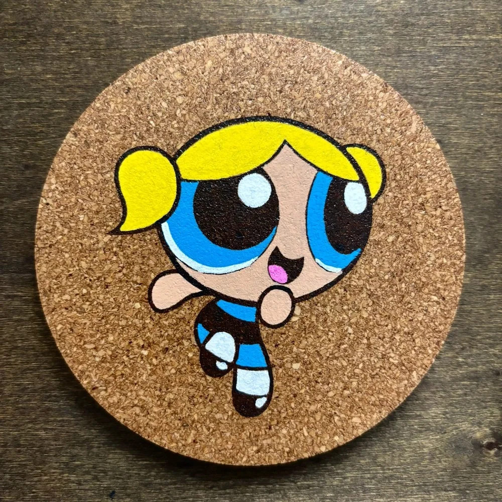 Powerpuff Girls Bubbles Laser Engraved Painted Cork Coaster